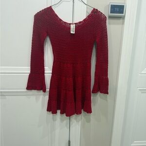 Free People Red Crochet Bell Sleeve Flare Mini Dress Boho‎ Festival